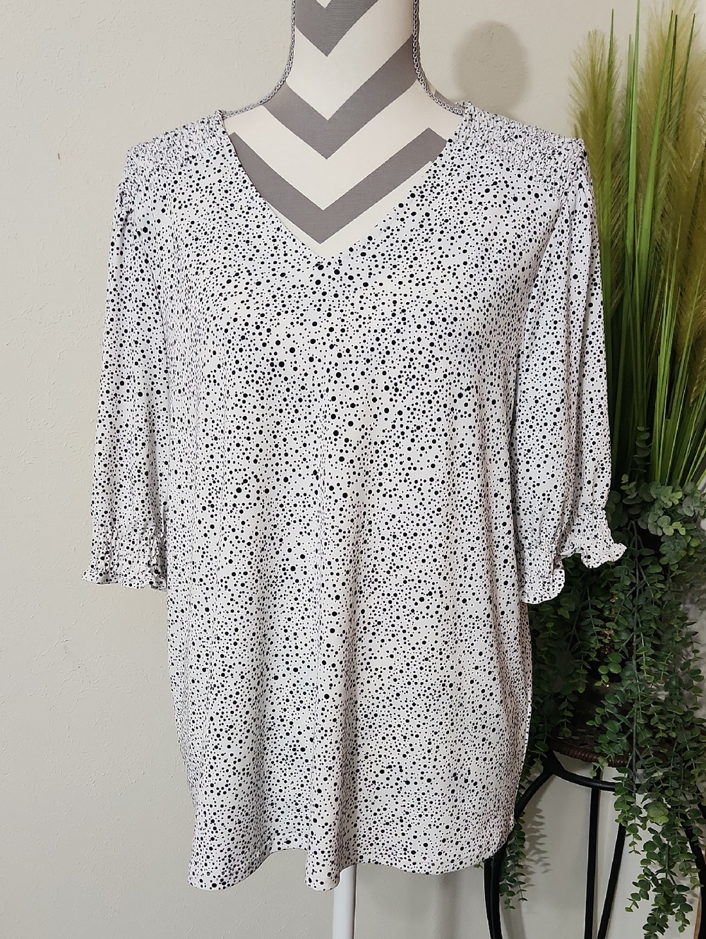 Adrianna Papell White V-Neck Blouse with Black Dot Print